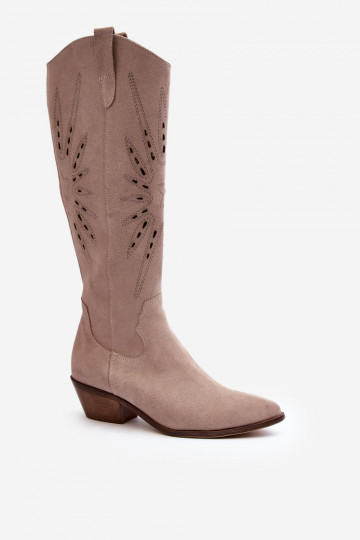 Zazoo 2909 Suede Cutout Boots with Low Heel Beige 2