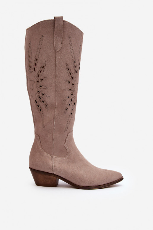 Zazoo 2909 Suede Cutout Boots with Low Heel Beige Zazoo 2909 Suede Cutout Boots with Low Heel Beige