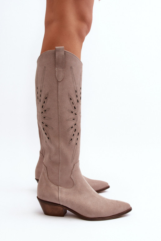 Zazoo 2909 Suede Cutout Boots with Low Heel Beige Zazoo 2909 Suede Cutout Boots with Low Heel Beige