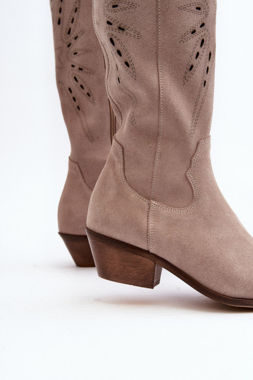 Zazoo 2909 Suede Cutout Boots with Low Heel Beige Zazoo 2909 Suede Cutout Boots with Low Heel Beige