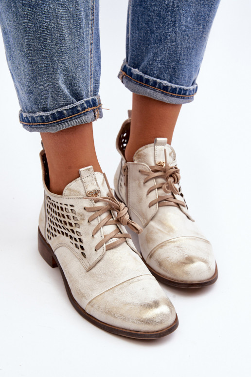 Zazoo 2878 Niskie Ażurowe Botki Skórzane Damskie Srebrne