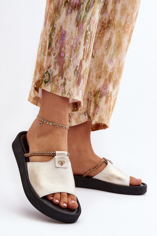 Zazoo 2896 Klapki Damskie Skórzane Biało-Złote