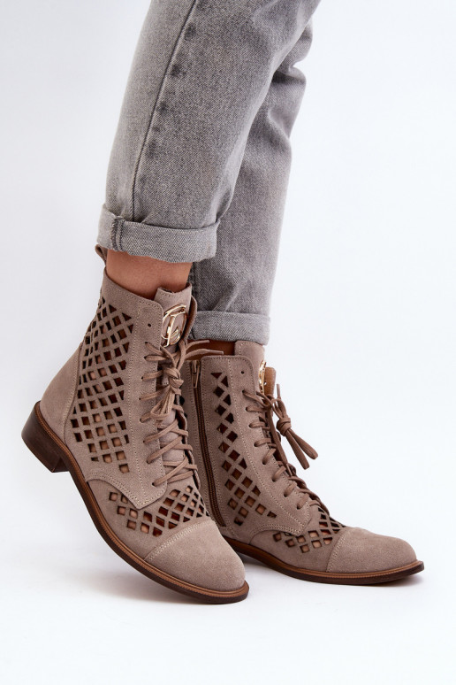 Openwork Leather Boots Zazoo 2695 Beige Openwork Leather Boots Zazoo 2695 Beige