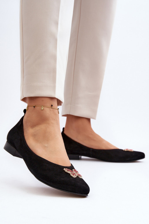 Zazoo 2887 Suede Ballerina Flats With Decorative Butterfly Black Zazoo 2887 Suede Ballerina Flats With Decorative Butterfly Black
