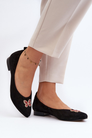 Zazoo 2887 Suede Ballerina Flats With Decorative Butterfly Black 2