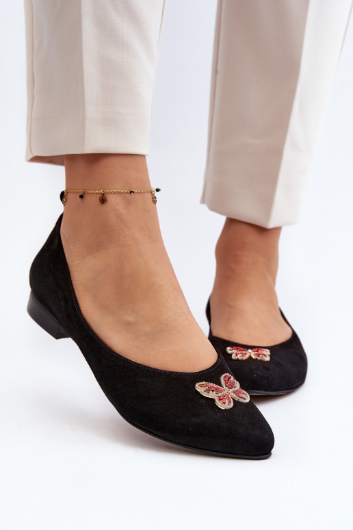 Zazoo 2887 Suede Ballerina Flats With Decorative Butterfly Black Zazoo 2887 Suede Ballerina Flats With Decorative Butterfly Black
