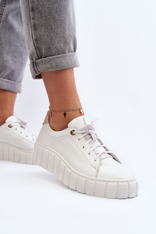 Women's Leather Chunky Sole Shoes Zazoo 2919 White Women's Leather Chunky Sole Shoes Zazoo 2919 White