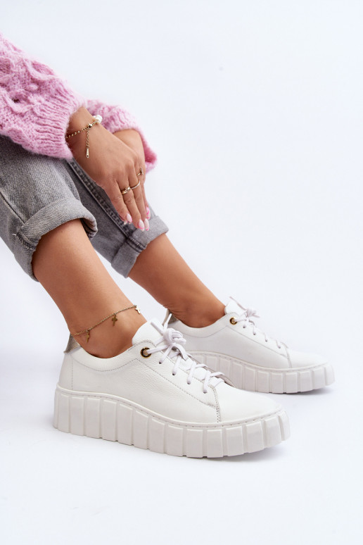 Women's Leather Chunky Sole Shoes Zazoo 2919 White Women's Leather Chunky Sole Shoes Zazoo 2919 White