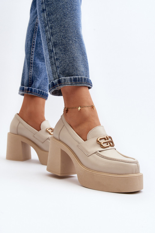 Zazoo 20170 Women's Leather Shoes with Heel Light Beige