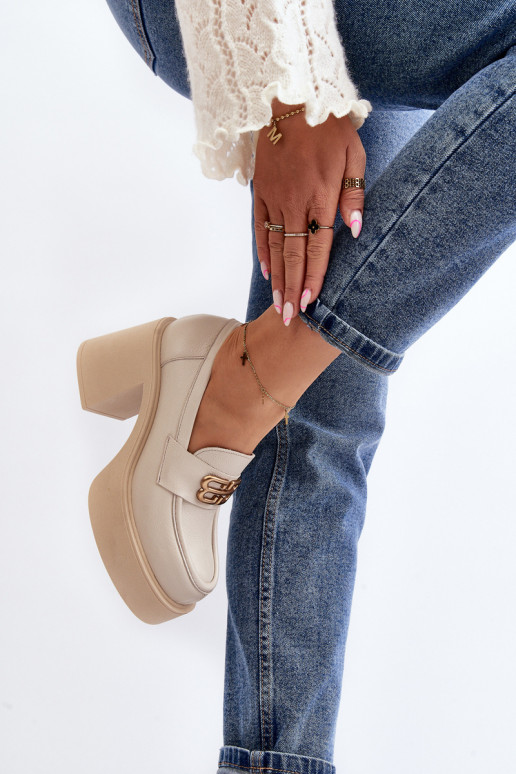 Zazoo 20170 Women's Leather Shoes with Heel Light Beige