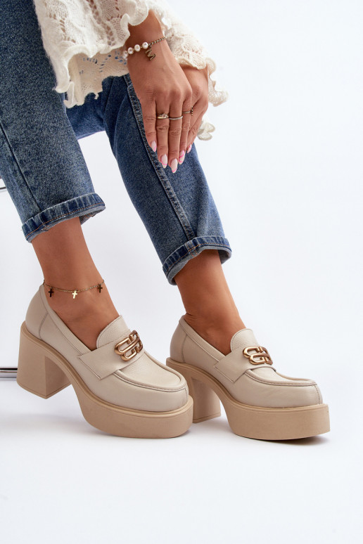 Zazoo 20170 Półbuty Skórzane Damskie Na Słupku Jasnobeżowe Zazoo 20170 Półbuty Skórzane Damskie Na Słupku Jasnobeżowe