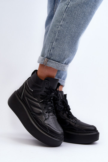 Zazoo 3392/X Damskie Skórzane Buty Sportowe Na Platformie Czarne 2