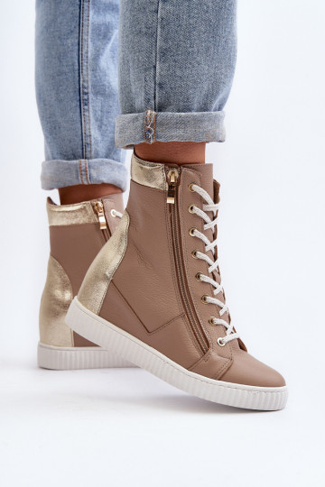 Zazoo 3081 Women's Leather Wedge Sneakers Beige