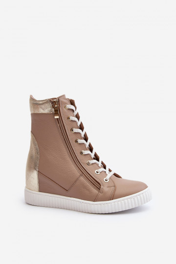 Zazoo 3081 Women's Leather Wedge Sneakers Beige 2
