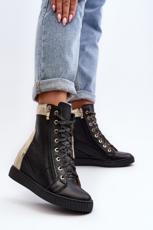 Zazoo 3081 Women's Leather Sneakers With Wedge Black