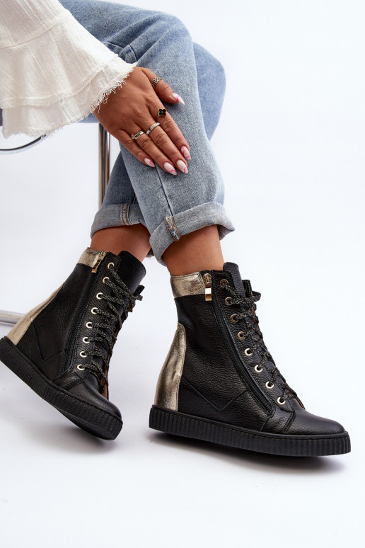 Zazoo 3081 Women's Leather Sneakers With Wedge Black