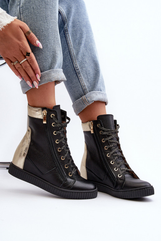 Zazoo 3081 Women's Leather Sneakers With Wedge Black