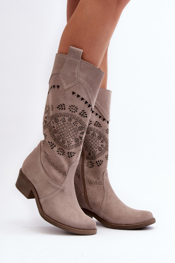 Zazoo 4043 Suede Low Heel Lattice Boots Cappucino 2