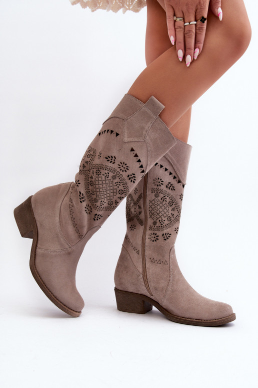 Zazoo 4043 Suede Low Heel Lattice Boots Cappucino Zazoo 4043 Suede Low Heel Lattice Boots Cappucino