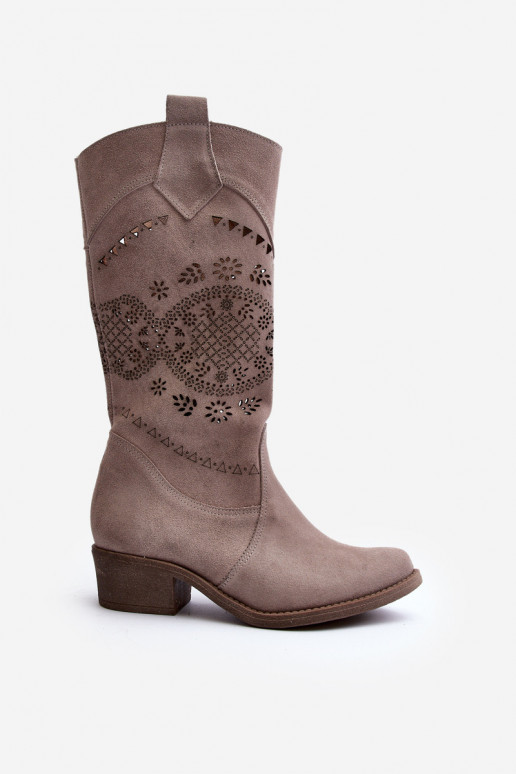 Zazoo 4043 Suede Low Heel Lattice Boots Cappucino Zazoo 4043 Suede Low Heel Lattice Boots Cappucino