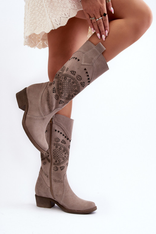 Zazoo 4043 Suede Low Heel Lattice Boots Cappucino Zazoo 4043 Suede Low Heel Lattice Boots Cappucino