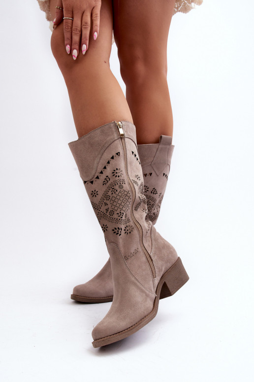 Zazoo 4043 Suede Low Heel Lattice Boots Cappucino Zazoo 4043 Suede Low Heel Lattice Boots Cappucino