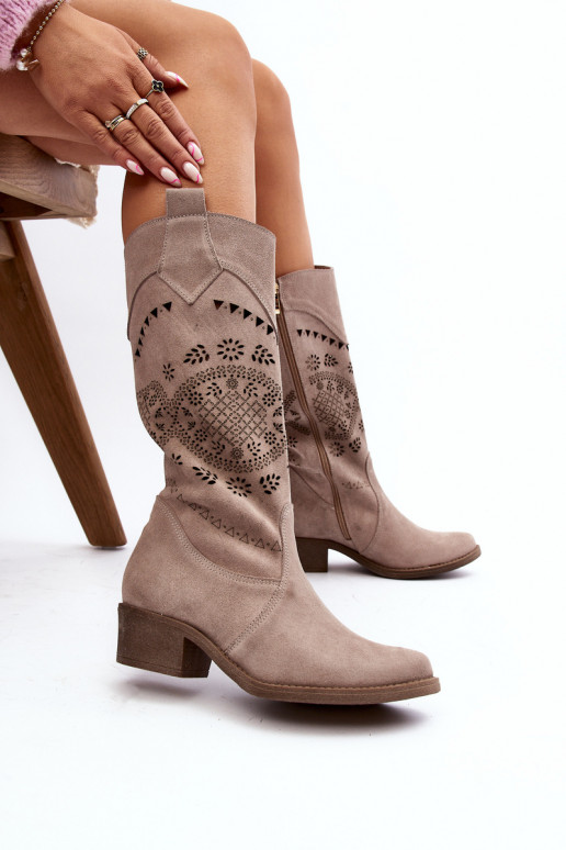 Zazoo 4043 Suede Low Heel Lattice Boots Cappucino Zazoo 4043 Suede Low Heel Lattice Boots Cappucino