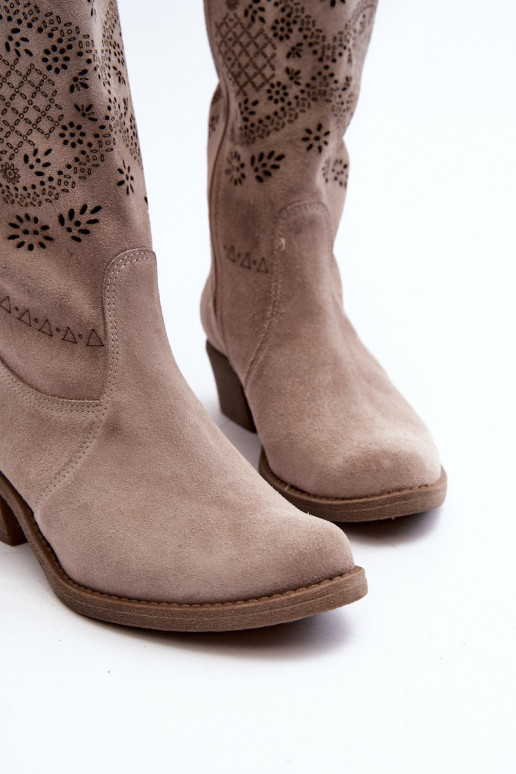 Zazoo 4043 Suede Low Heel Lattice Boots Cappucino Zazoo 4043 Suede Low Heel Lattice Boots Cappucino