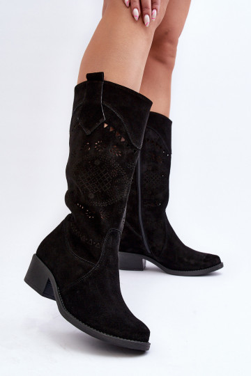 Zazoo 4043 Suede Low Heel Cutout Boots Black 2