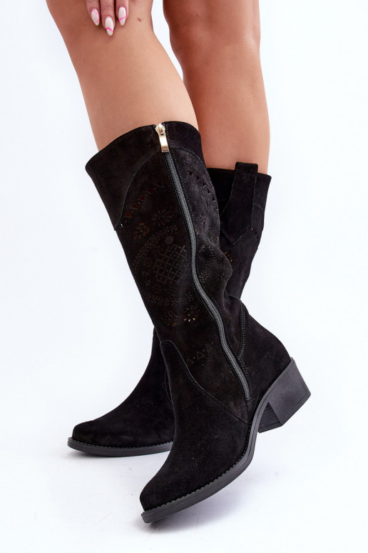 Zazoo 4043 Suede Low Heel Cutout Boots Black Zazoo 4043 Suede Low Heel Cutout Boots Black