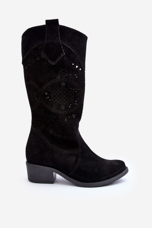 Zazoo 4043 Suede Low Heel Cutout Boots Black Zazoo 4043 Suede Low Heel Cutout Boots Black