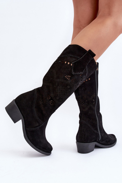 Zazoo 4043 Suede Low Heel Cutout Boots Black Zazoo 4043 Suede Low Heel Cutout Boots Black