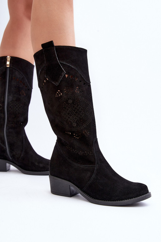 Zazoo 4043 Suede Low Heel Cutout Boots Black Zazoo 4043 Suede Low Heel Cutout Boots Black