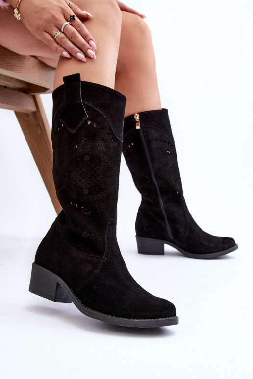 Zazoo 4043 Suede Low Heel Cutout Boots Black Zazoo 4043 Suede Low Heel Cutout Boots Black