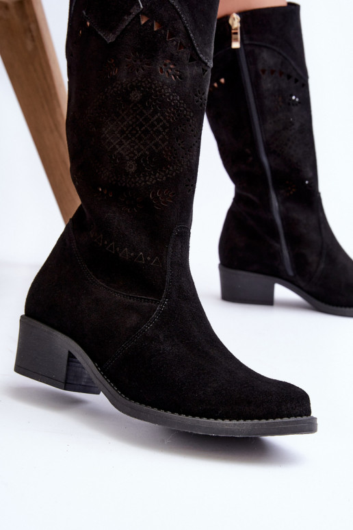 Zazoo 4043 Suede Low Heel Cutout Boots Black Zazoo 4043 Suede Low Heel Cutout Boots Black