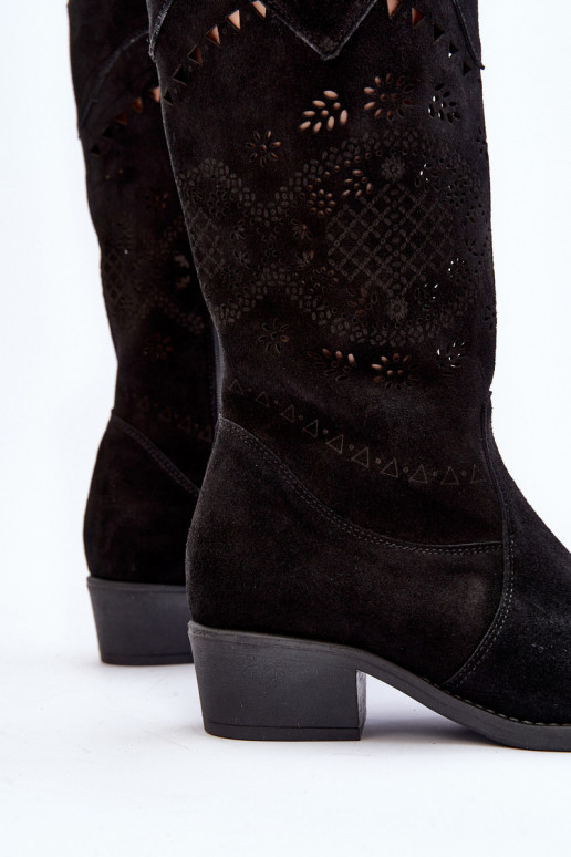 Zazoo 4043 Suede Low Heel Cutout Boots Black Zazoo 4043 Suede Low Heel Cutout Boots Black
