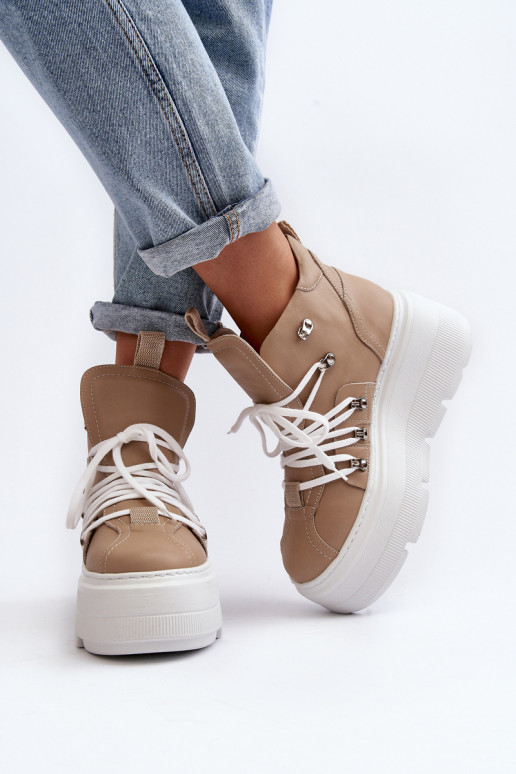 Zazoo 3416 Skórzane Damskie Buty Sportowe Beżowe Zazoo 3416 Skórzane Damskie Buty Sportowe Beżowe