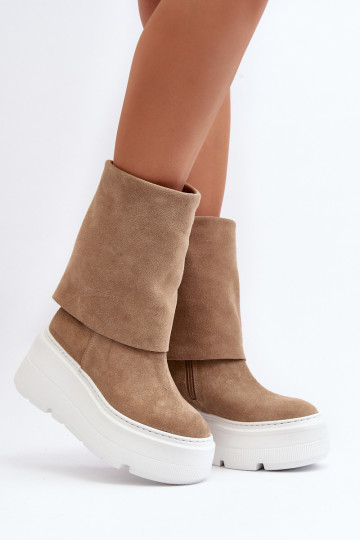 Zazoo 3410 Suede Women's Boots on Chunky Platform Beige 2