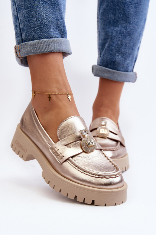 Skórzane Półbuty MokasynywithOzdobą CheBello 4291 Złote