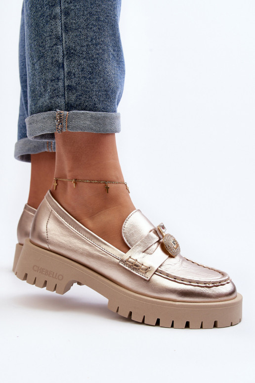 Skórzane Półbuty MokasynywithOzdobą CheBello 4291 Złote