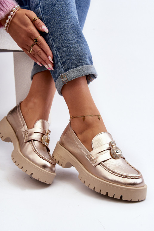 Skórzane Półbuty MokasynywithOzdobą CheBello 4291 Złote