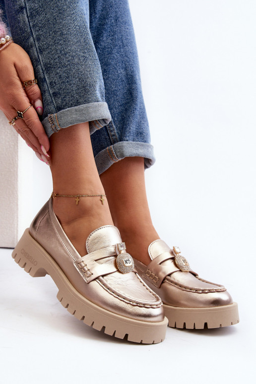 Skórzane Półbuty MokasynywithOzdobą CheBello 4291 Złote