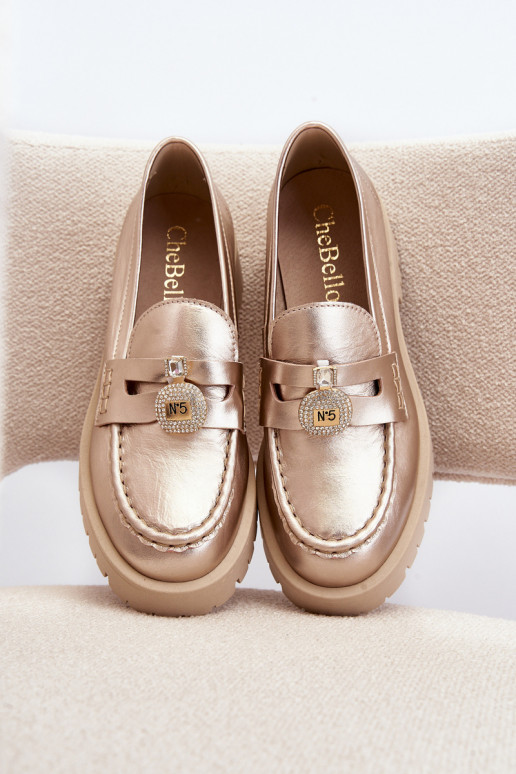 Skórzane Półbuty MokasynywithOzdobą CheBello 4291 Złote