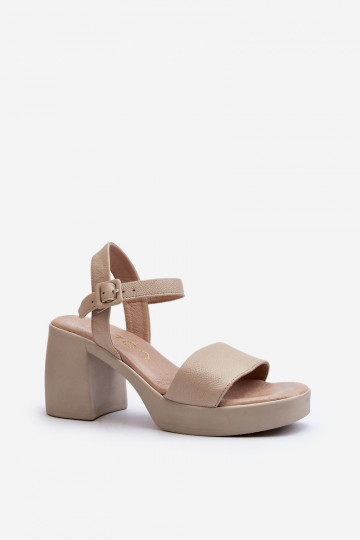 Zazoo 40386 Women's Leather Sandals with Block Heel Beige