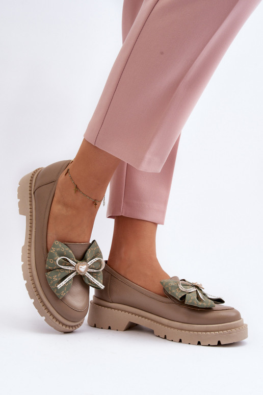 Women's Leather Moccasins with Bow Laura Messi 2787 Beige Women's Leather Moccasins with Bow Laura Messi 2787 Beige