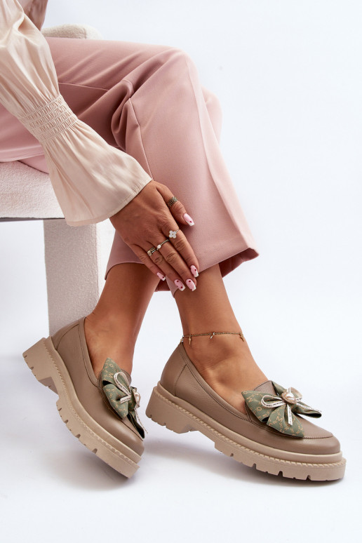 Women's Leather Moccasins with Bow Laura Messi 2787 Beige Women's Leather Moccasins with Bow Laura Messi 2787 Beige