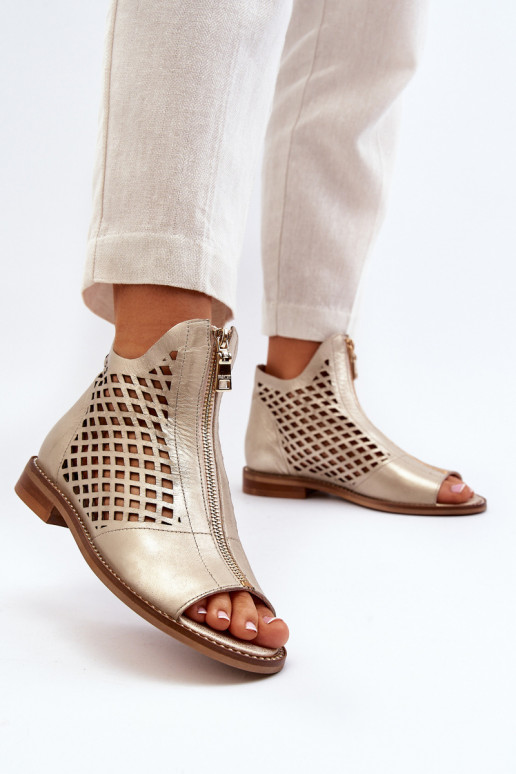 Leather Cut-Out Sandals with Zip Gold Zazoo 977/L Leather Cut-Out Sandals with Zip Gold Zazoo 977/L