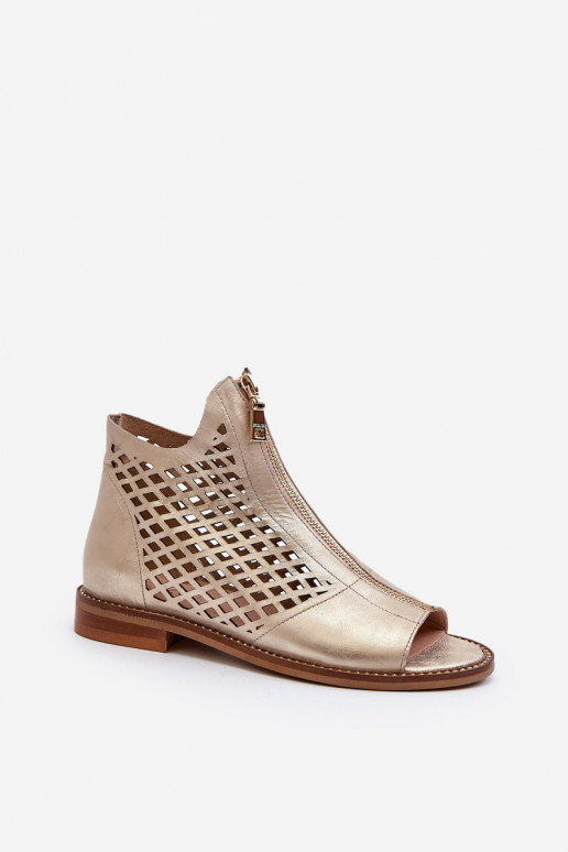 Zazoo 977/L Skórzane Ażurowe Sandały Na Zamek Złote Zazoo 977/L Skórzane Ażurowe Sandały Na Zamek Złote