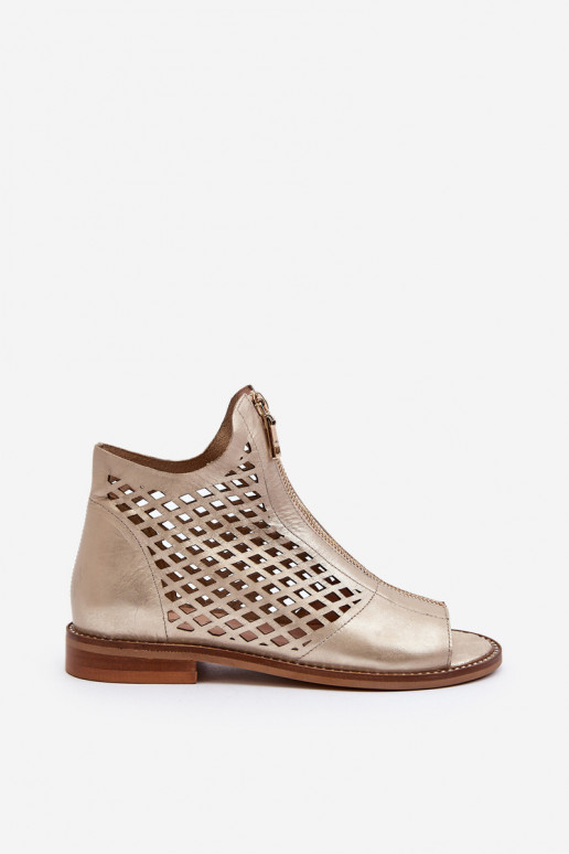 Zazoo 977/L Skórzane Ażurowe Sandały Na Zamek Złote Zazoo 977/L Skórzane Ażurowe Sandały Na Zamek Złote