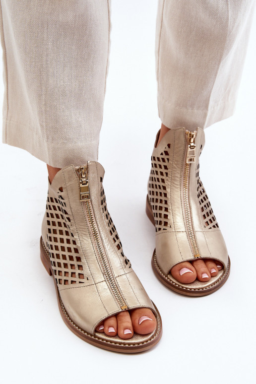 Leather Cut-Out Sandals with Zip Gold Zazoo 977/L Leather Cut-Out Sandals with Zip Gold Zazoo 977/L